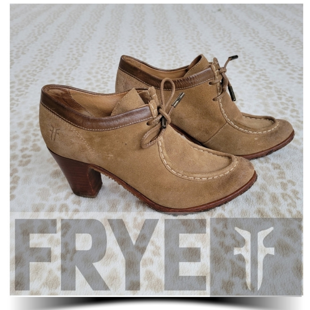 Frye Parker Heeled Oxford Low Cut Ankle Booties Tan Suede Lace Up Tie Boots 7.5